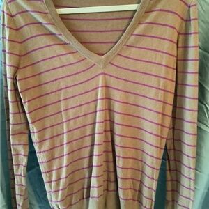 J. Crew V-Neck Sweater - Light Brown and Pink Stripes